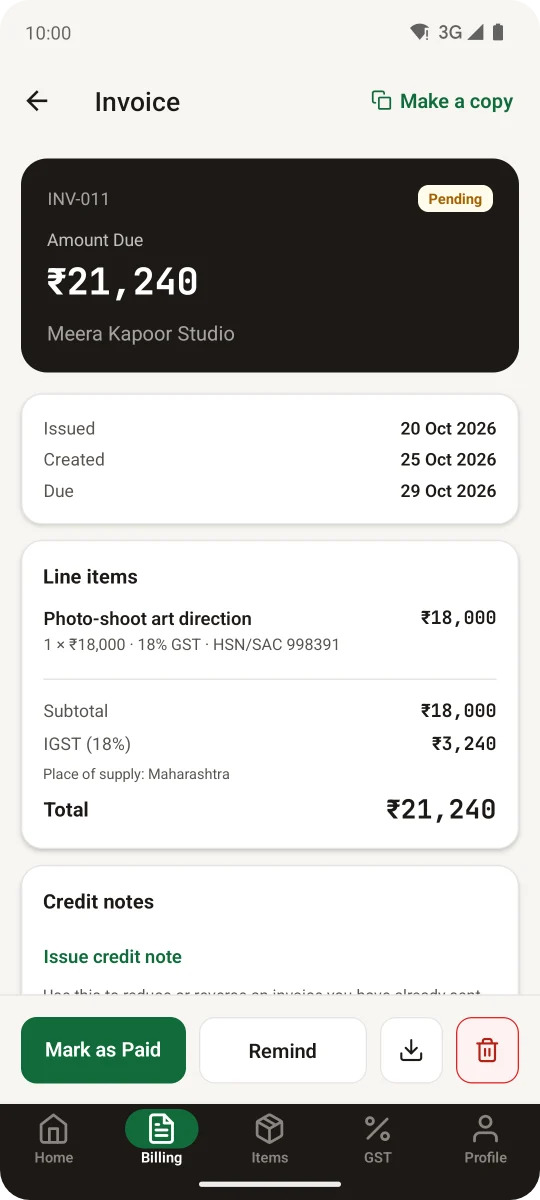An invoice for ₹21,240 with line items, HSN/SAC code, IGST and buttons to mark it paid, remind or download